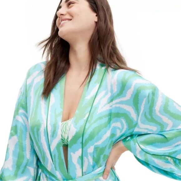 DVF x Target XL Disco Zebra White Blue Green Long Satin Belted Open Front - Picture 5 of 16